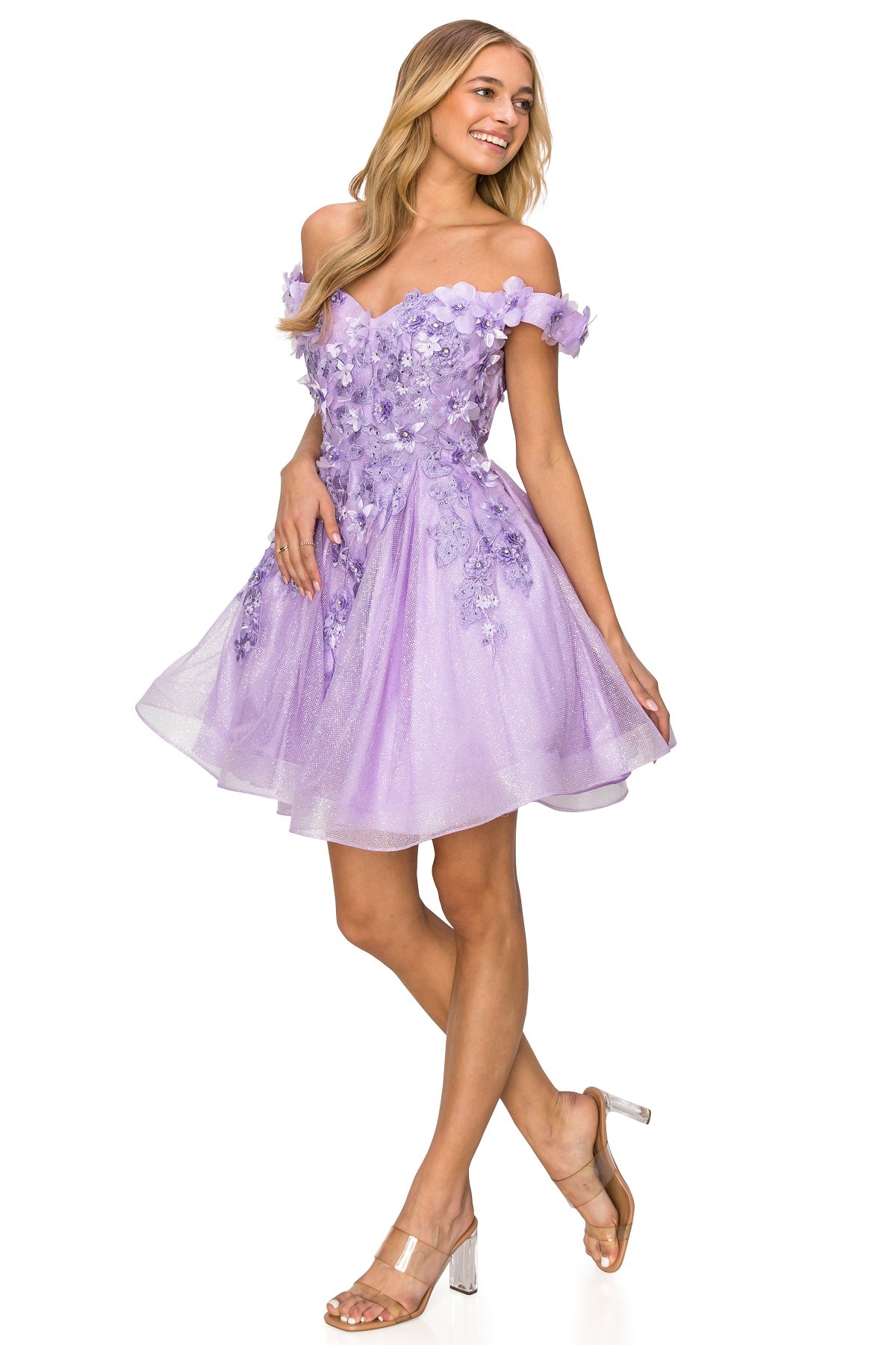 3D Floral Glitter Off-Shoulder Corset Party Dress - 5120J