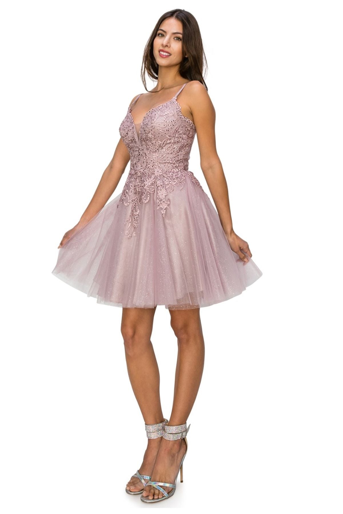 Rhinestone Embroidered Tulle Short Dress - 5125J