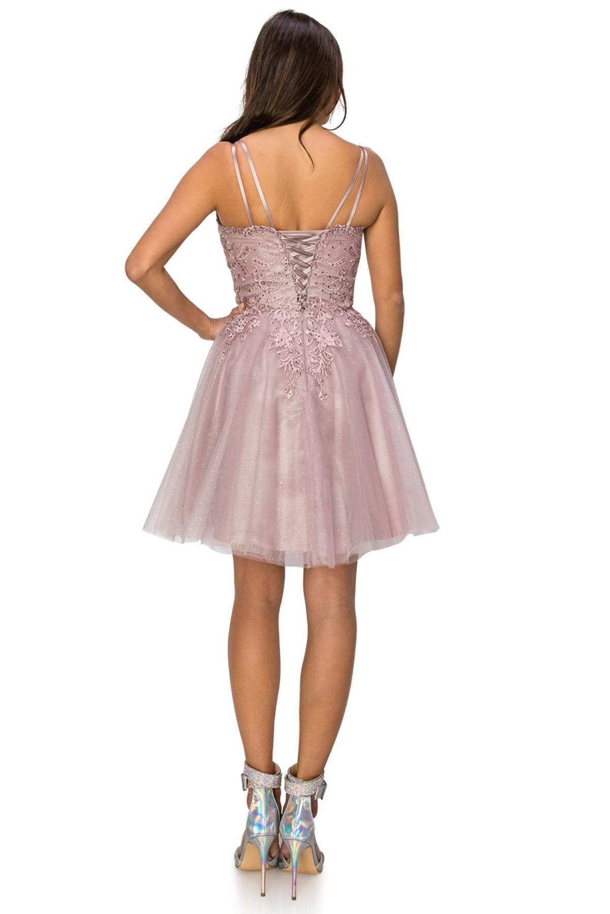 Rhinestone Embroidered Tulle Short Dress - 5125J