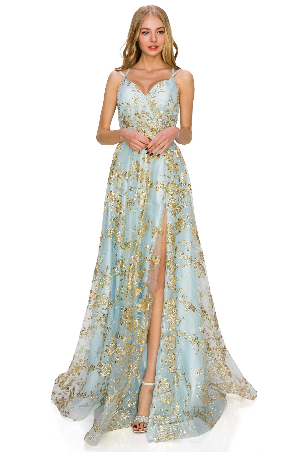 Gold Glitter A-Line Dress with Slit and Lace-Up Back - 8022J