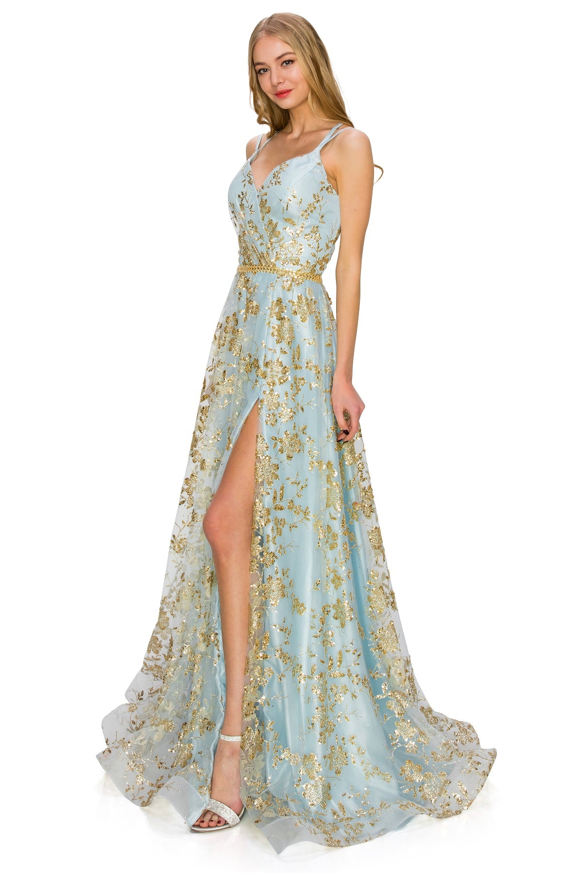 Gold Glitter A-Line Dress with Slit and Lace-Up Back - 8022J