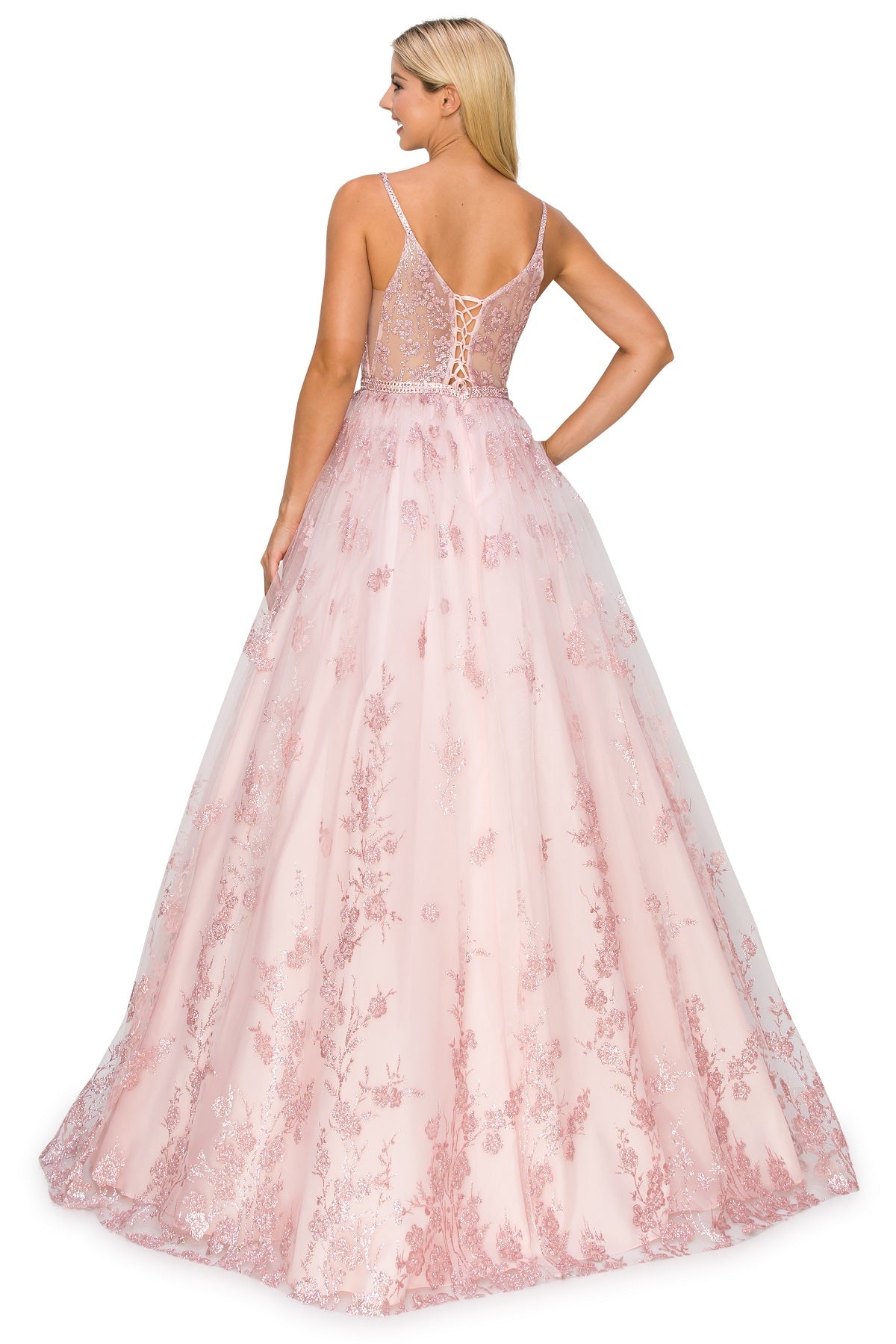 Glitter Floral A-Line Ball Gown with Corset Back - 8039J