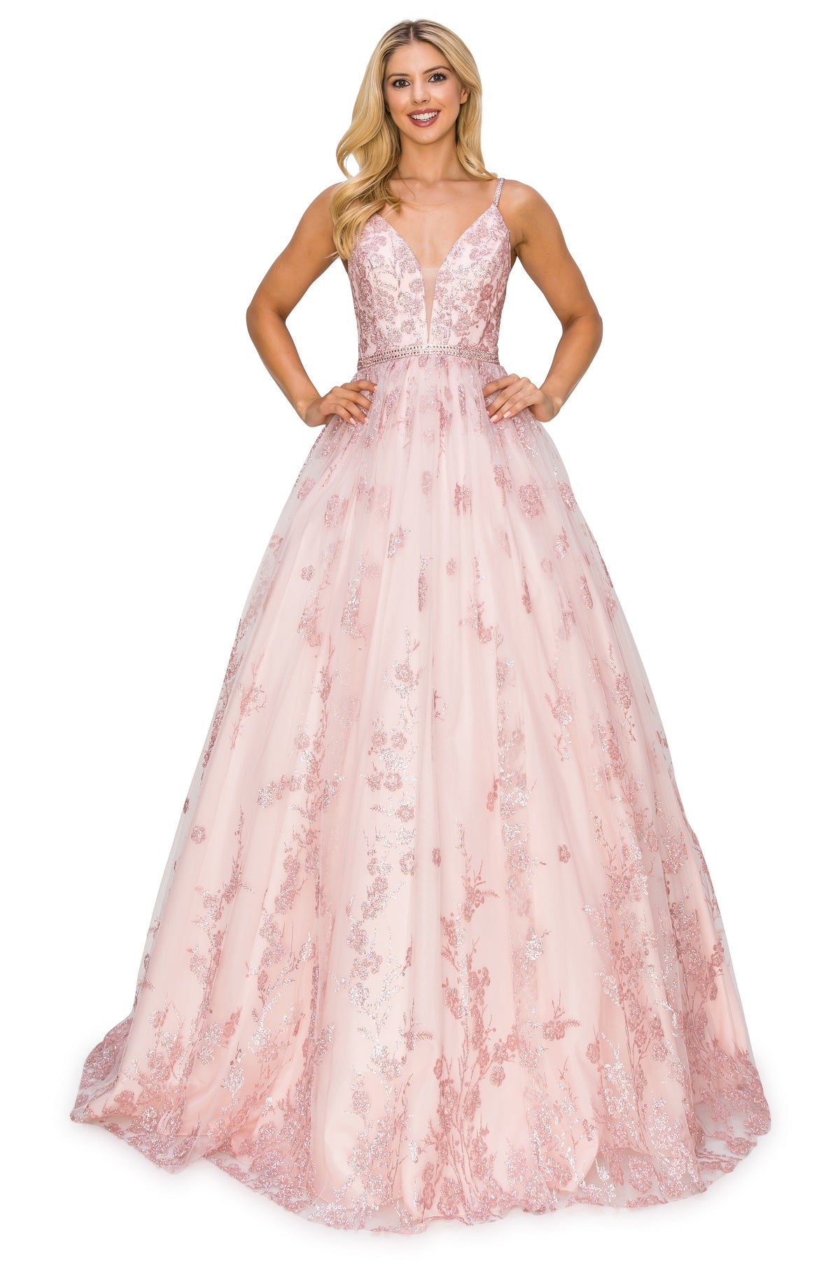 Glitter Floral A-Line Ball Gown with Corset Back - 8039J