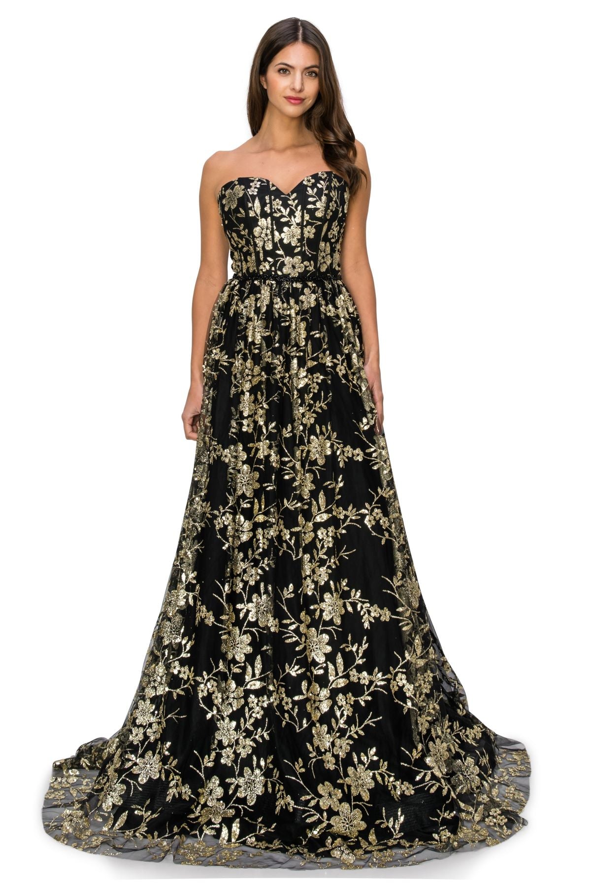 Strapless Gold Glitter Print Floral A-Line Dress - 8043J