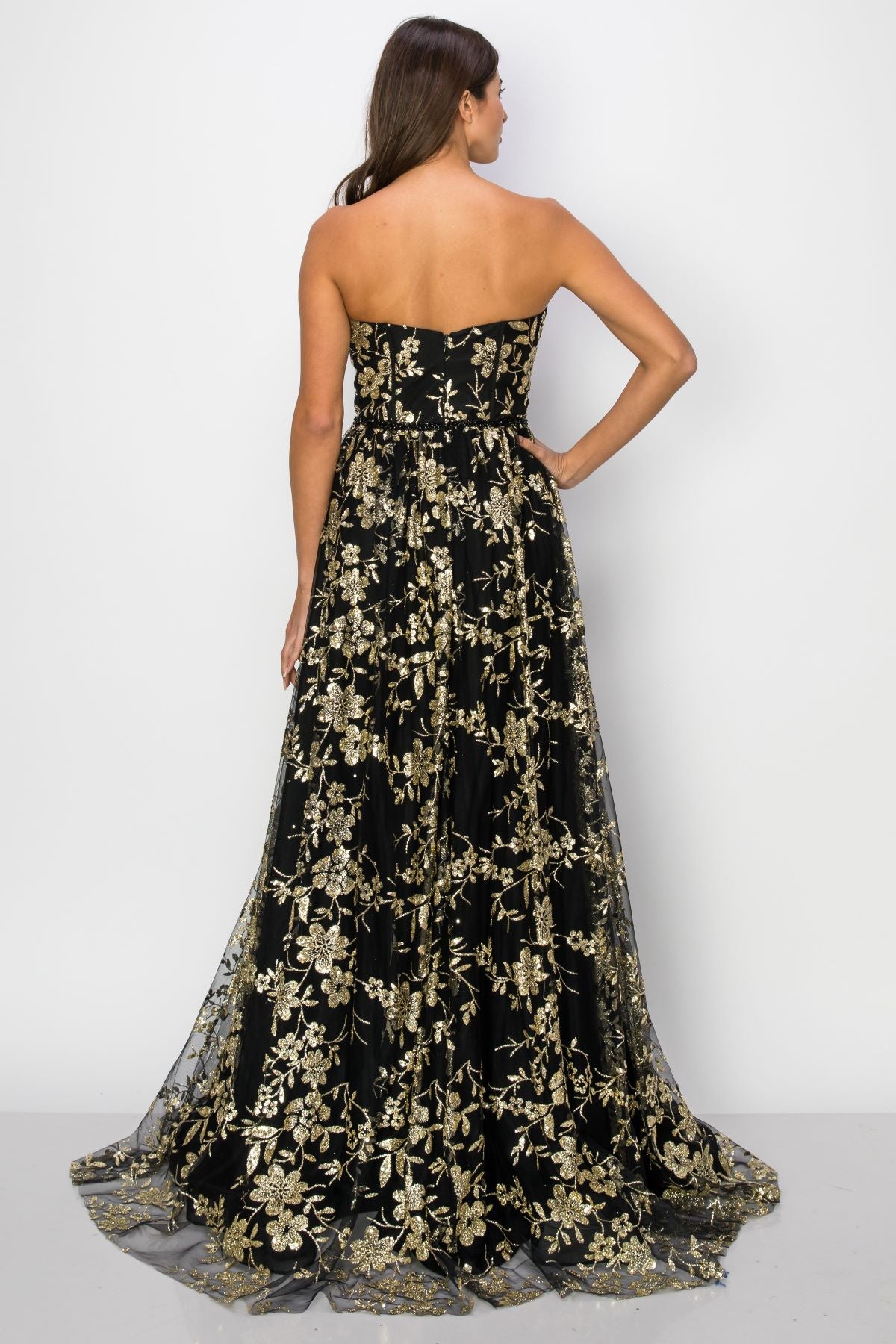 Strapless Gold Glitter Print Floral A-Line Dress - 8043J