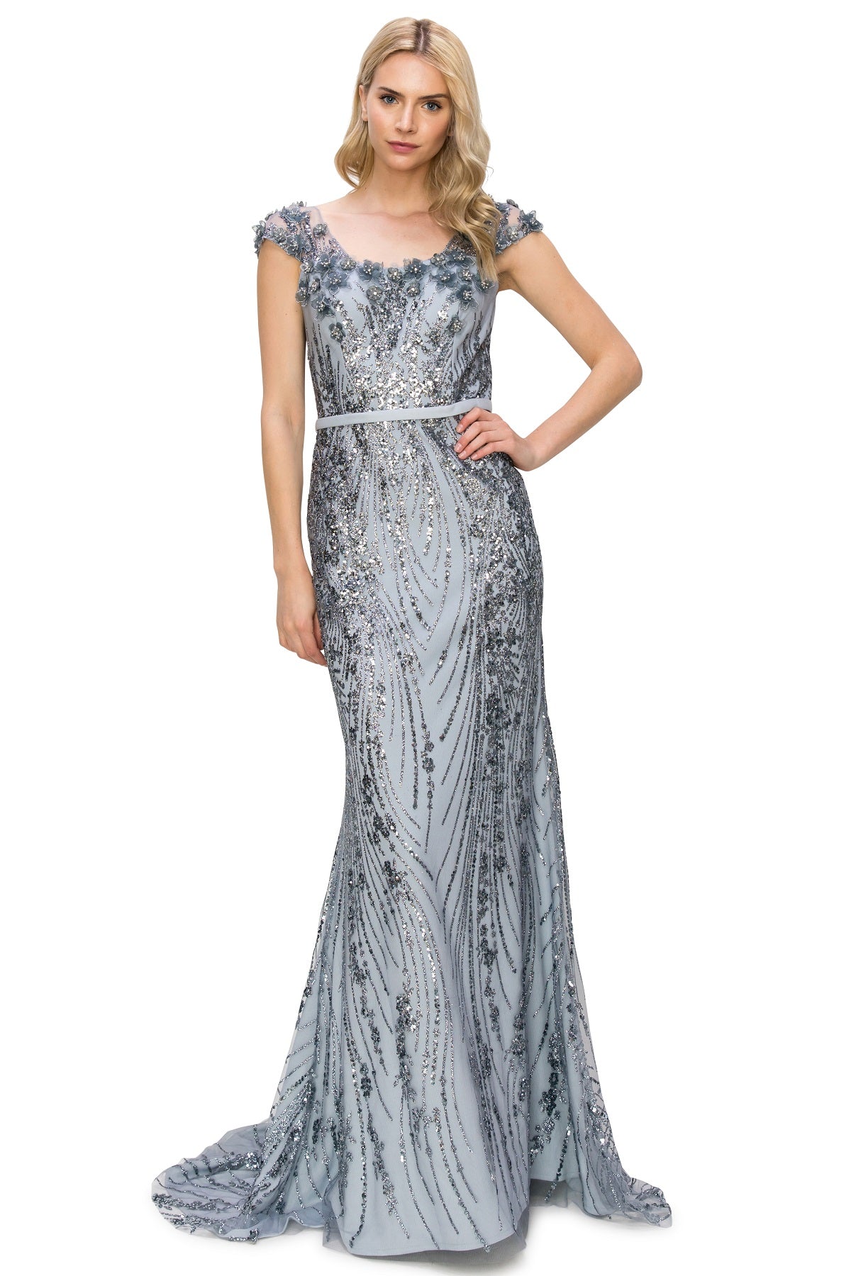 Sequin 3D Flowers Adorned with Glitter Column Dress - 8057J
