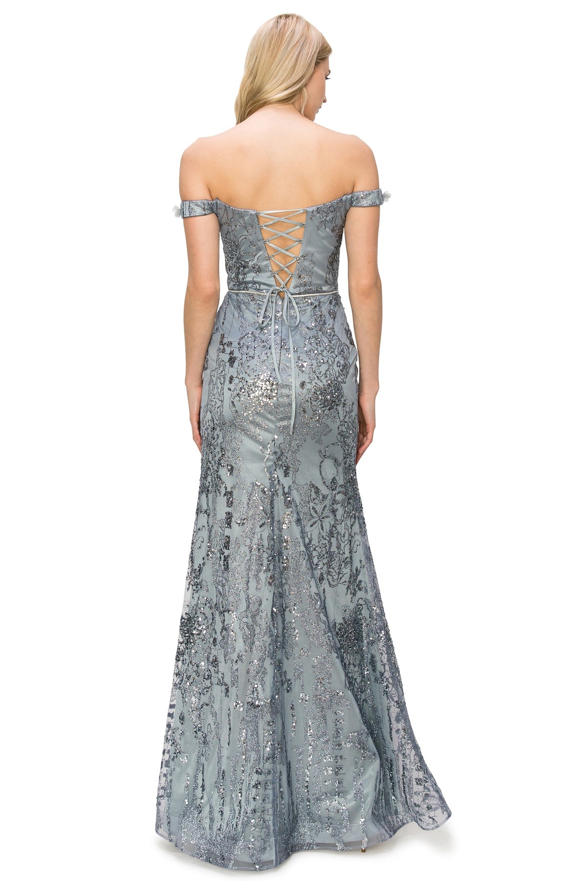 3D Floral Applique Sequin Print Off-Shoulder Dress - 8058J