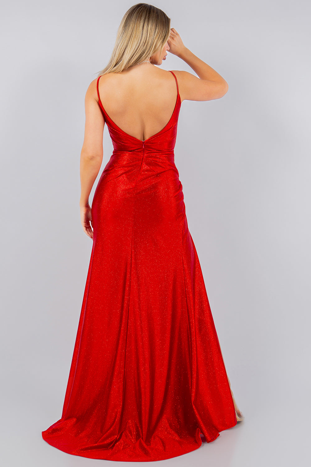 Shimmering Metallic Ruched V-Neck Gown - 8117J