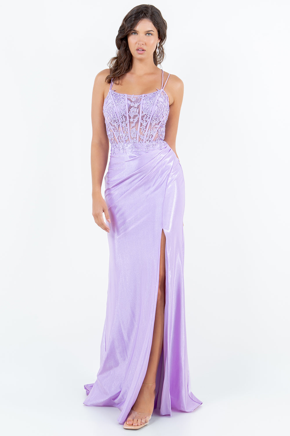 Lilac Lace Corset Evening Gown with Slit - 8185J