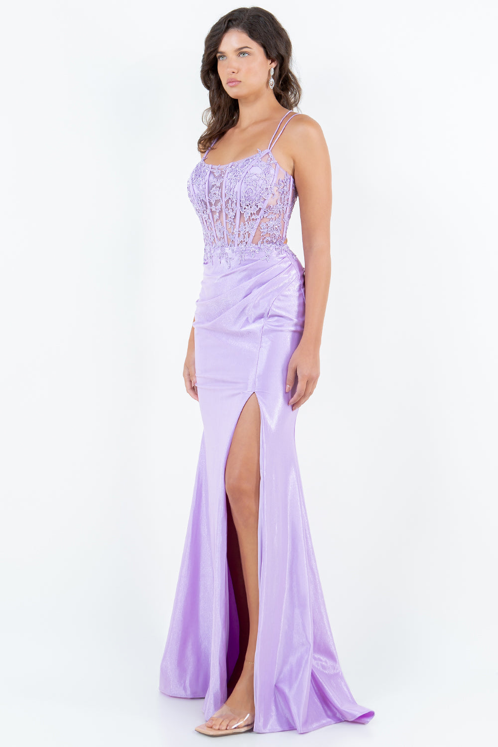 Lilac Lace Corset Evening Gown with Slit - 8185J