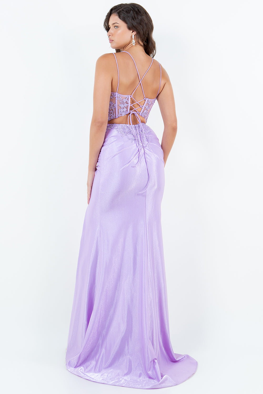 Lilac Lace Corset Evening Gown with Slit - 8185J