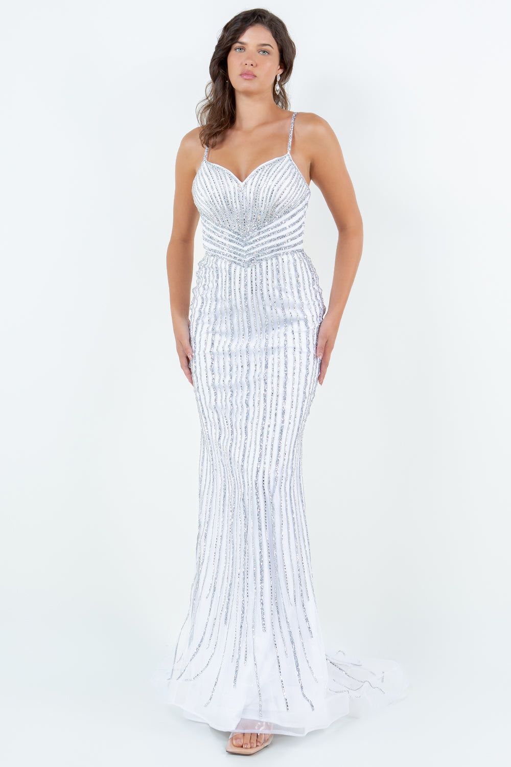 Rhinestone Sequin Stripe Gown – Style 8203J