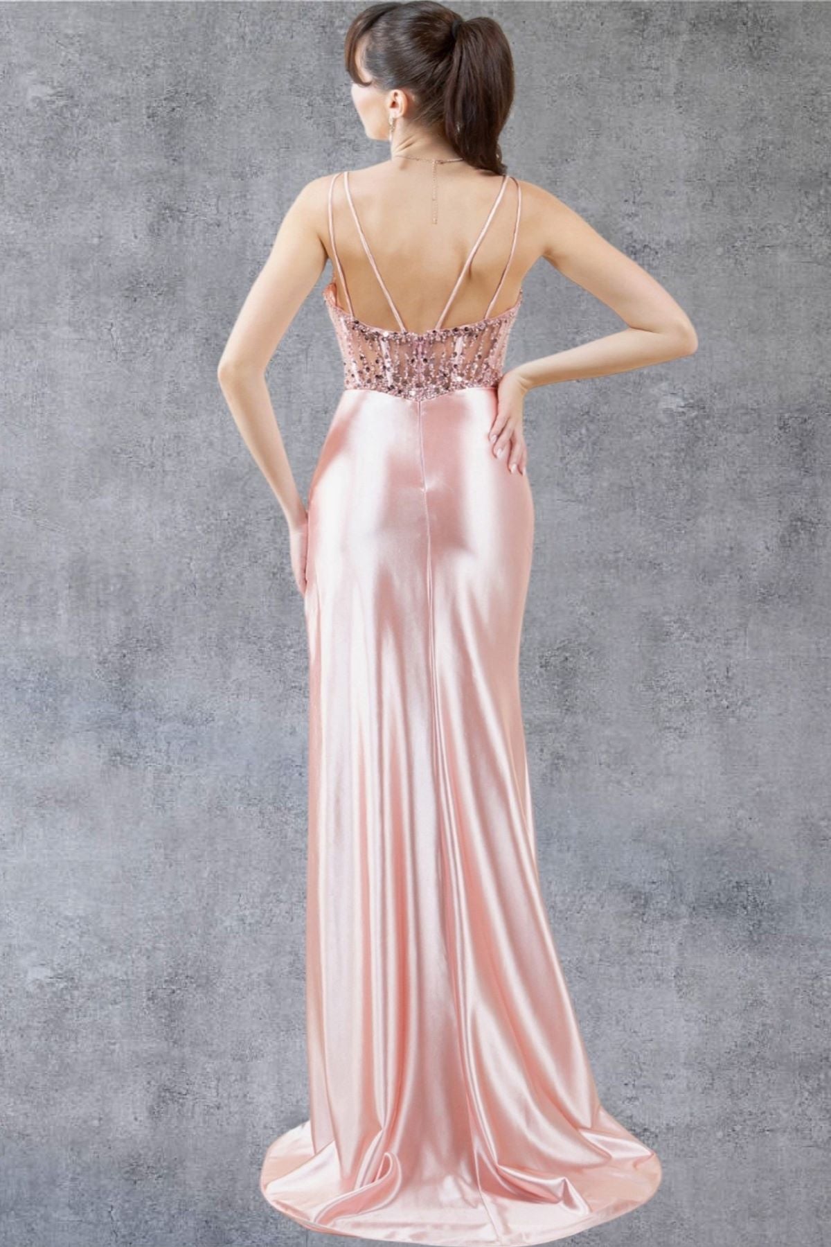 Beaded Sheer Bodice Satin Gown - 8247J