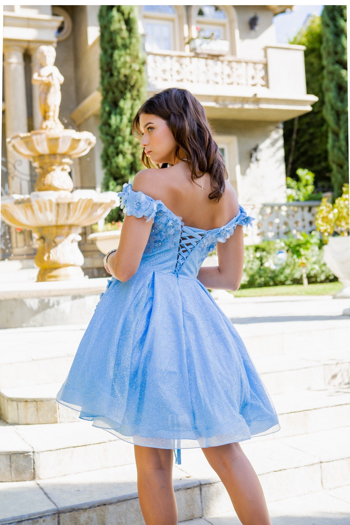 3D Floral Glitter Off-Shoulder Corset Party Dress - 5120J