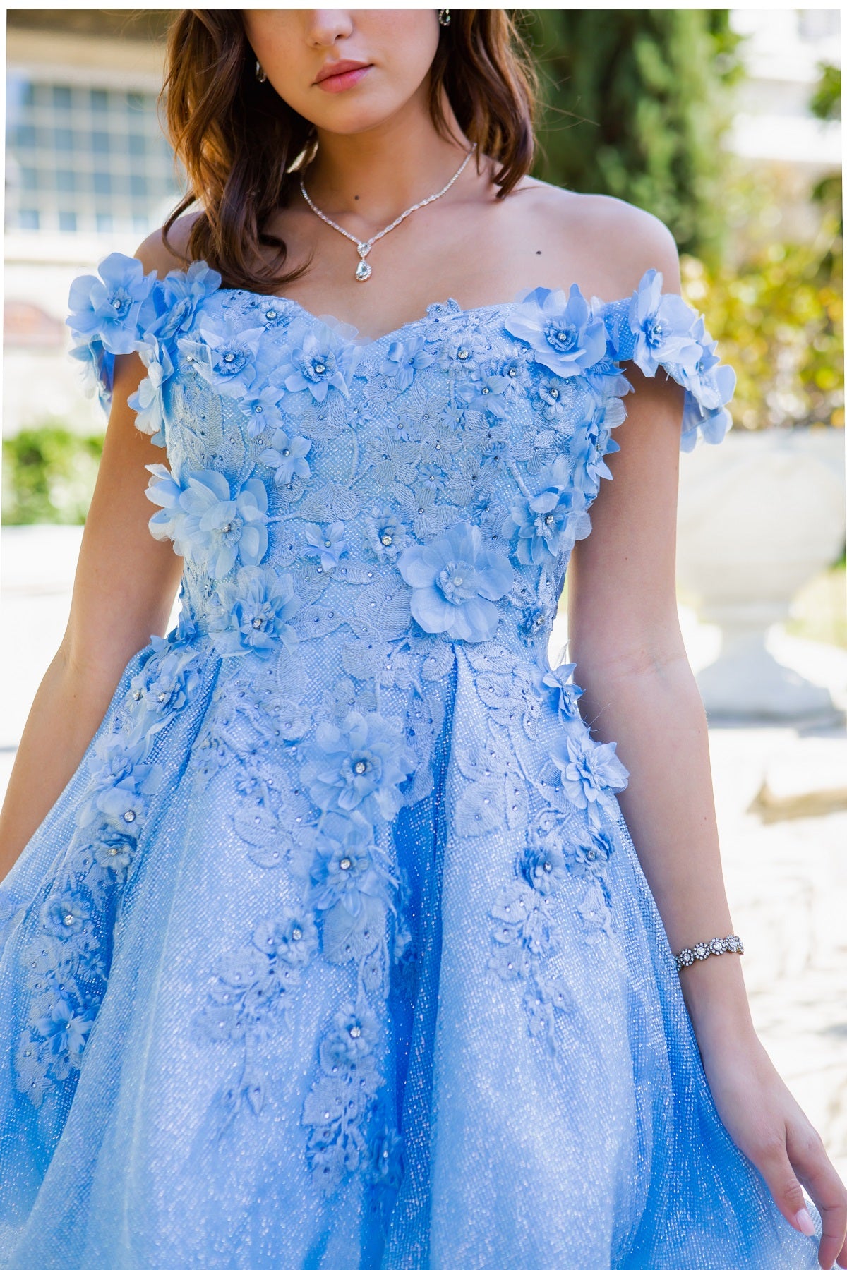 3D Floral Glitter Off-Shoulder Corset Party Dress - 5120J