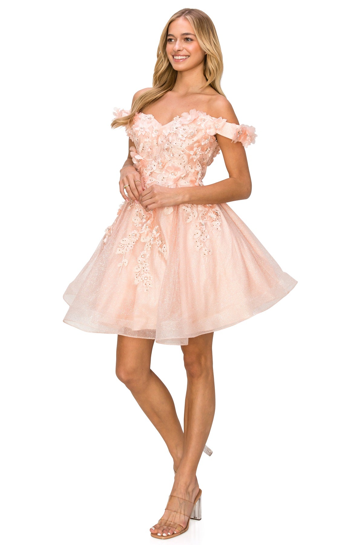 3D Floral Glitter Off-Shoulder Corset Party Dress - 5120J