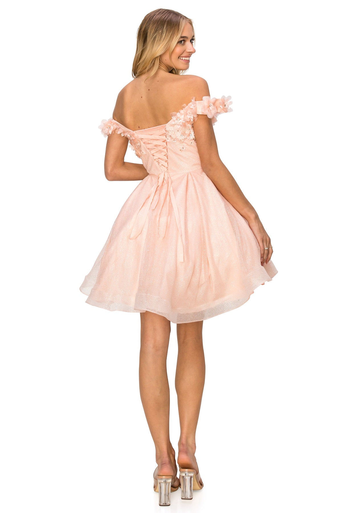 3D Floral Glitter Off-Shoulder Corset Party Dress - 5120J