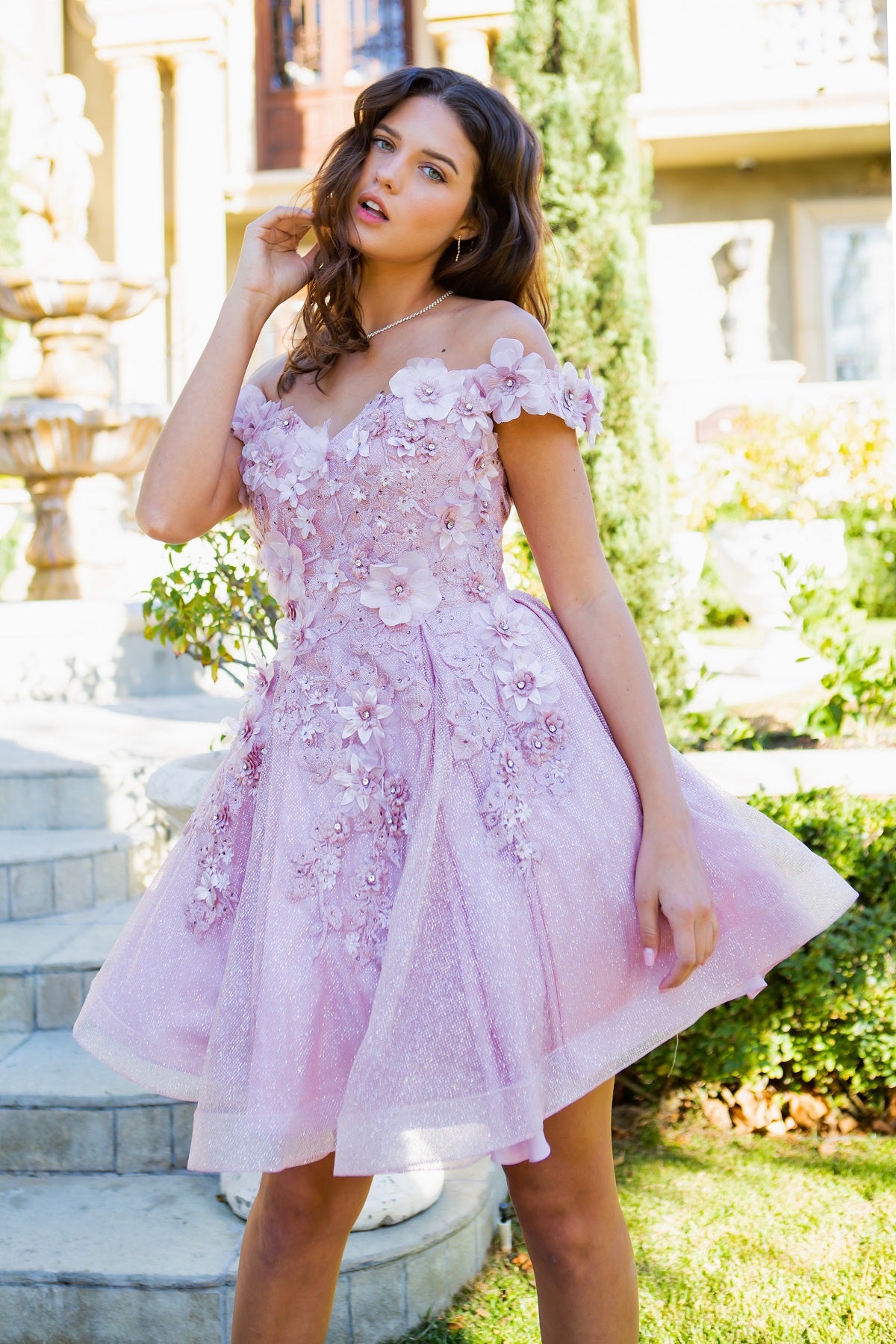 3D Floral Glitter Off-Shoulder Corset Party Dress - 5120J