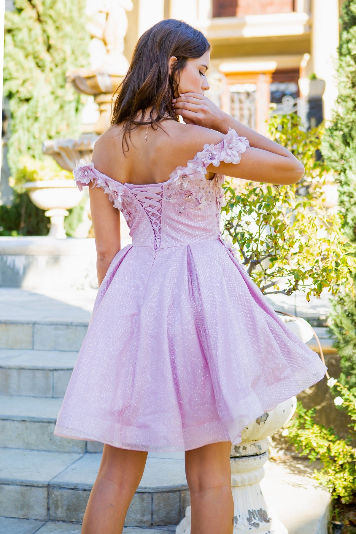 3D Floral Glitter Off-Shoulder Corset Party Dress - 5120J