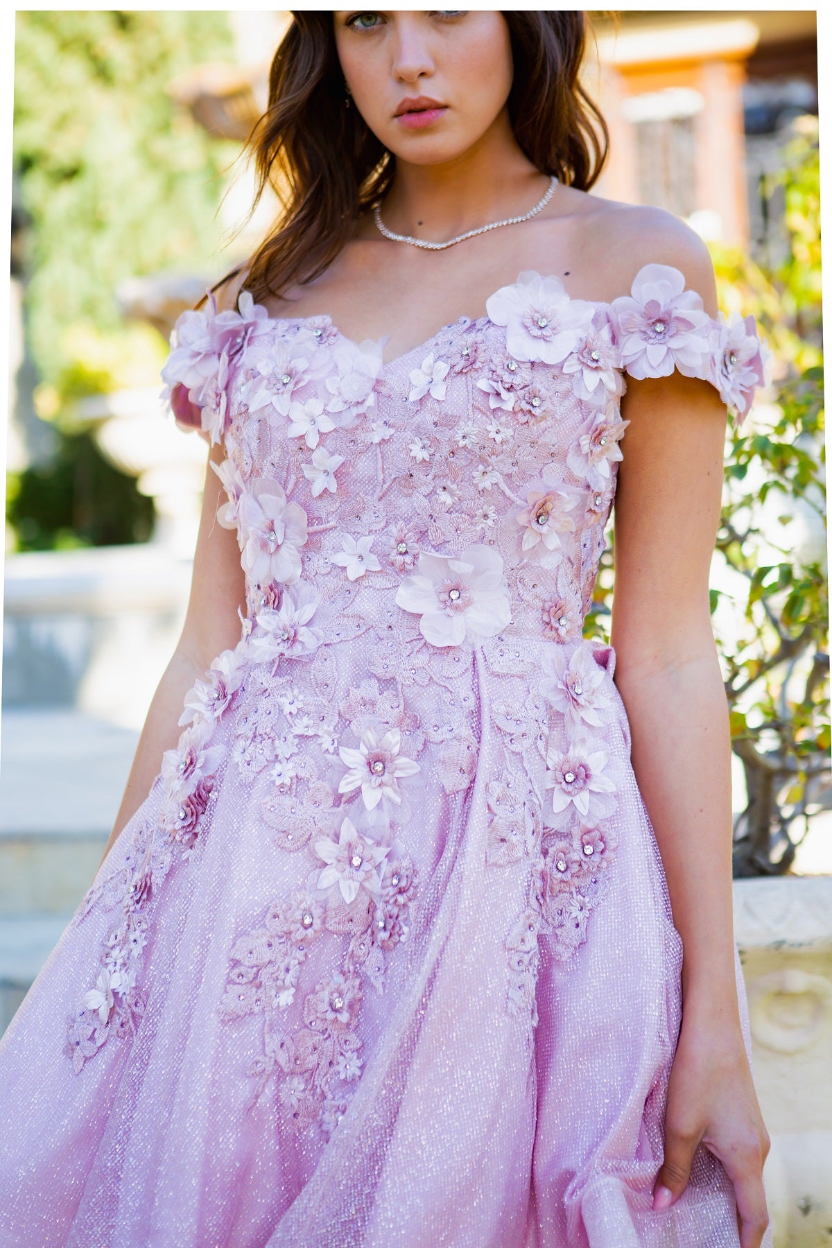 3D Floral Glitter Off-Shoulder Corset Party Dress - 5120J