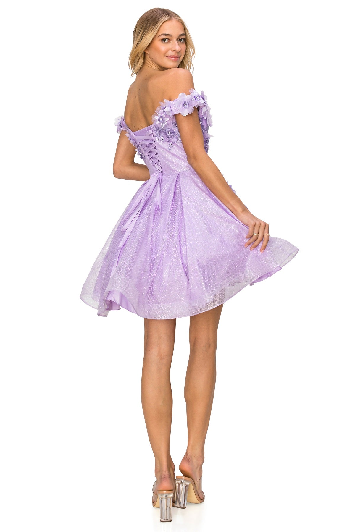 3D Floral Glitter Off-Shoulder Corset Party Dress - 5120J