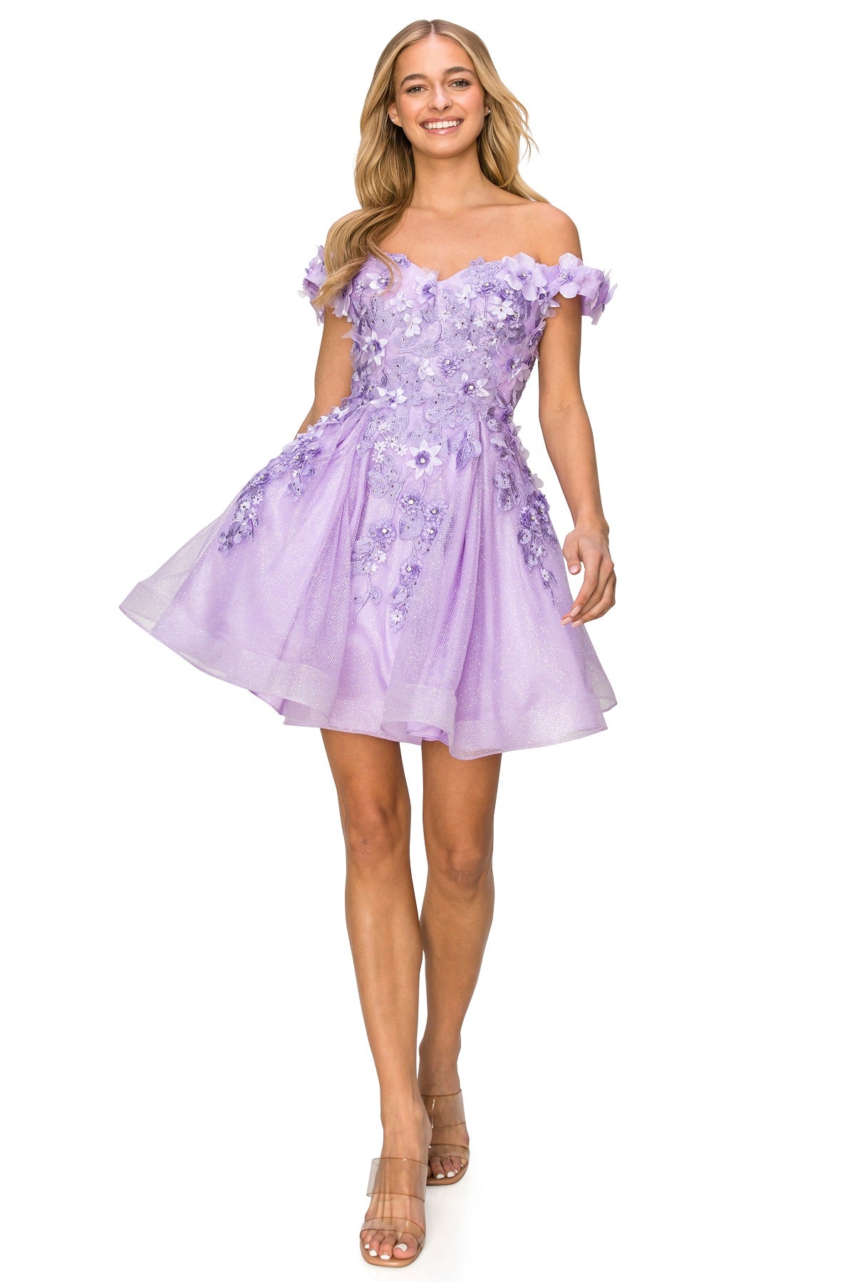 3D Floral Glitter Off-Shoulder Corset Party Dress - 5120J