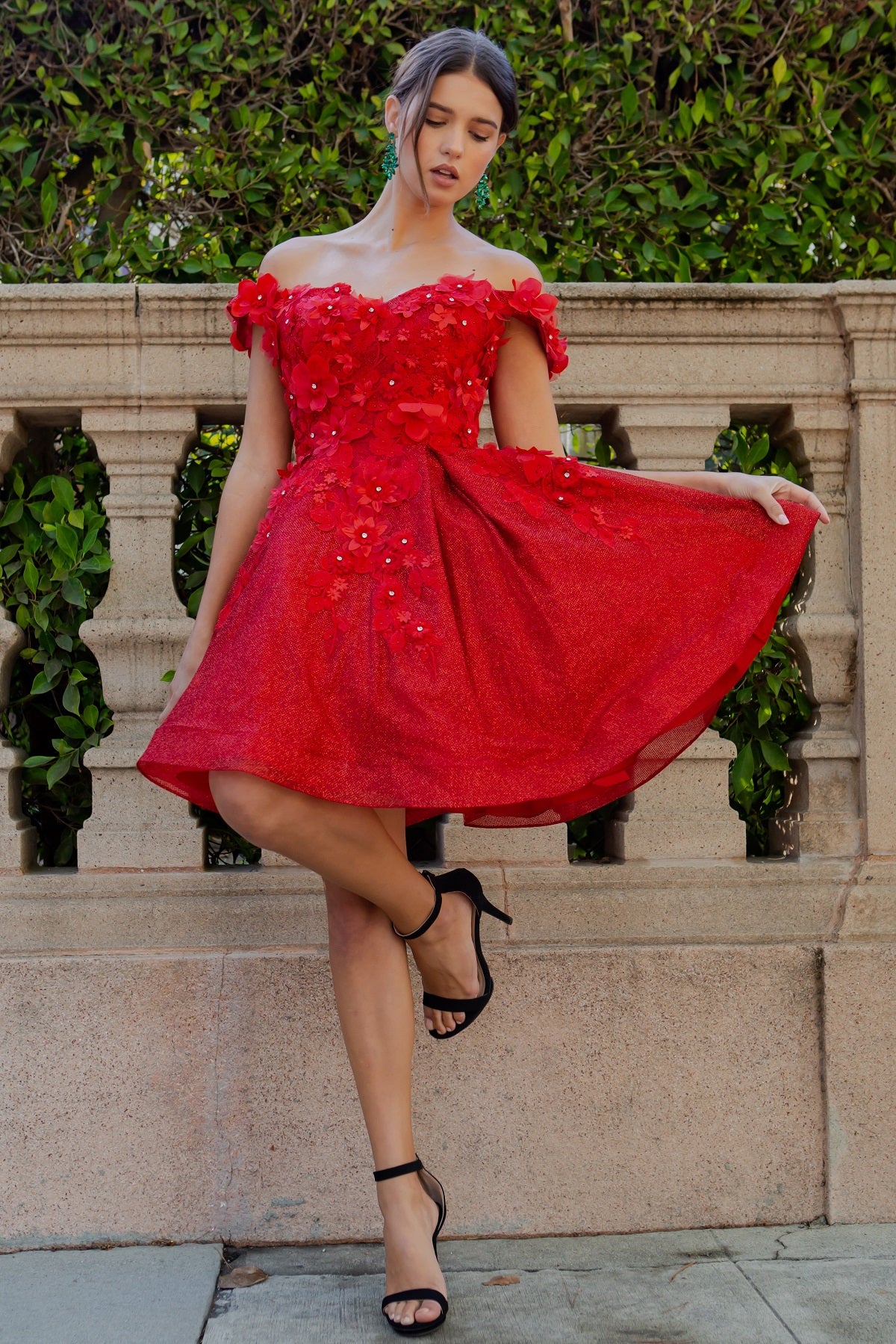 3D Floral Glitter Off-Shoulder Corset Party Dress - 5120J