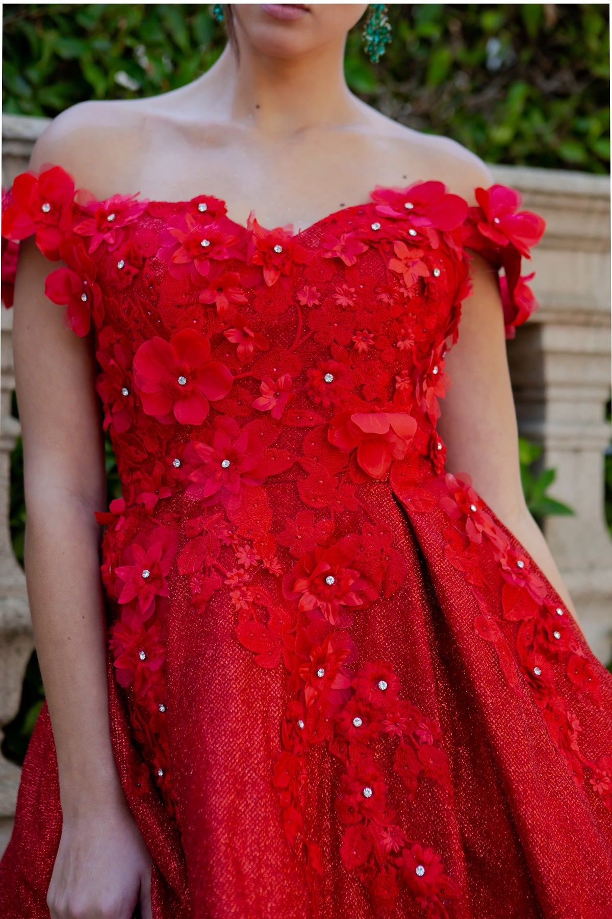 3D Floral Glitter Off-Shoulder Corset Party Dress - 5120J