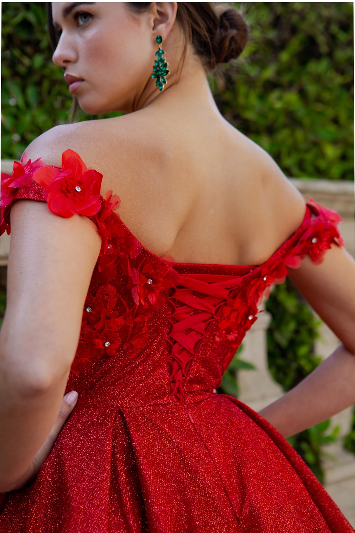 3D Floral Glitter Off-Shoulder Corset Party Dress - 5120J