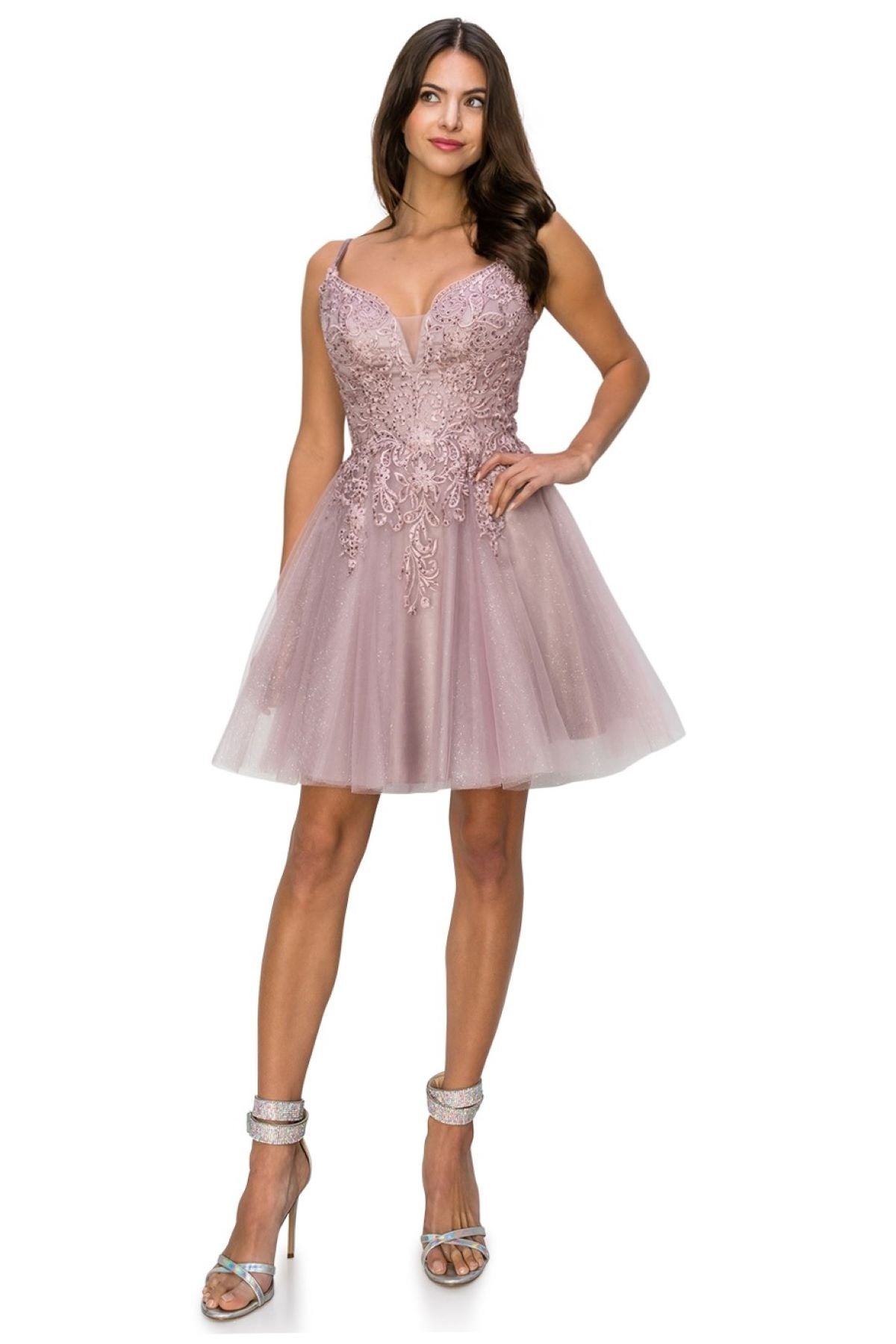 Rhinestone Embroidered Tulle Short Dress - 5125J