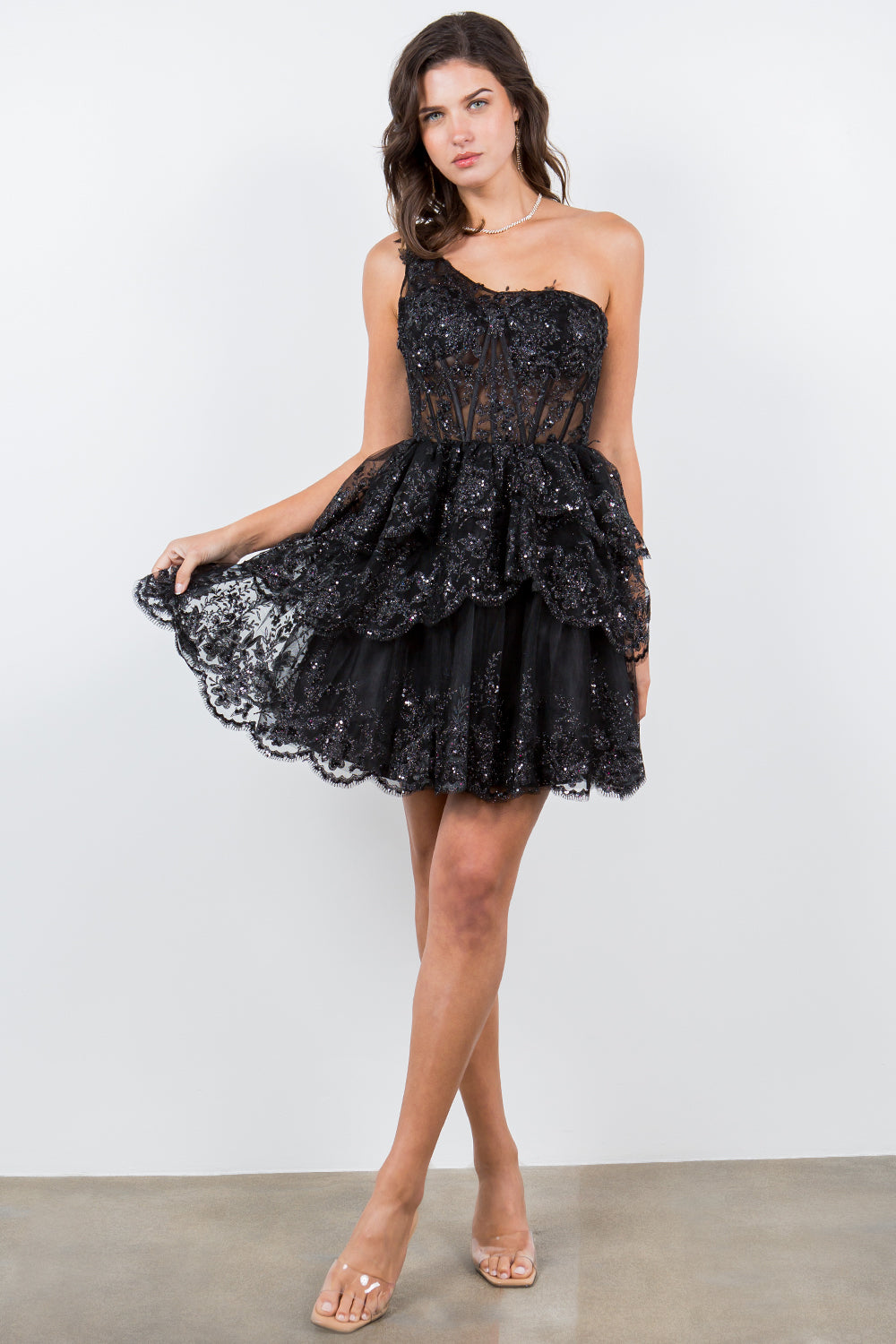 One-Shoulder Glitter Corset Tulle Dress - 5132J