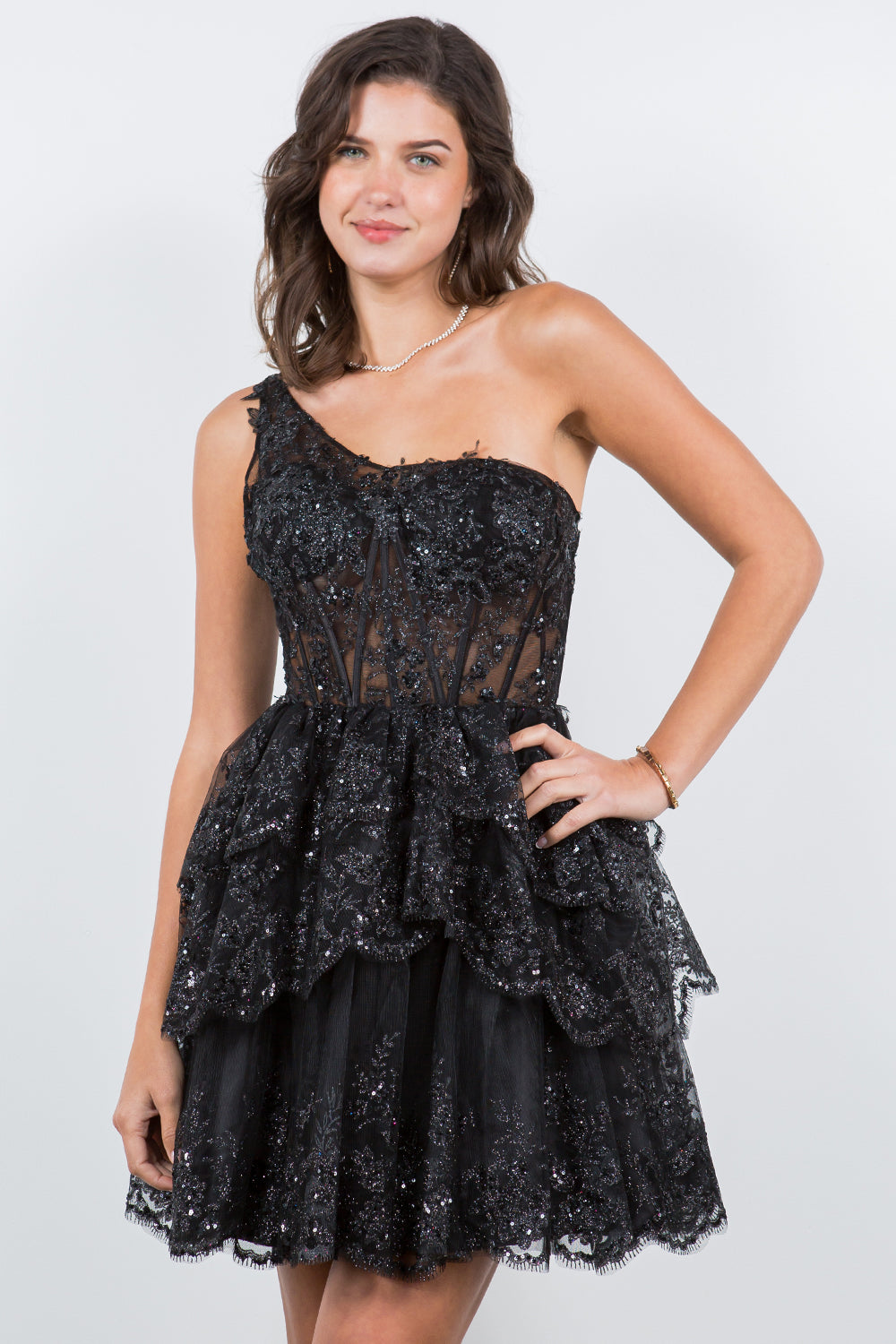 One-Shoulder Glitter Corset Tulle Dress - 5132J