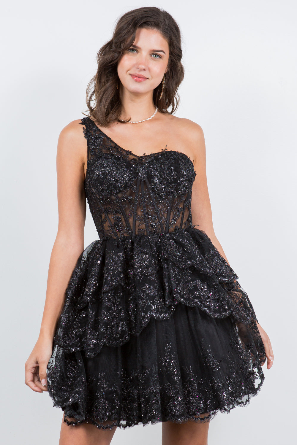 One-Shoulder Glitter Corset Tulle Dress - 5132J