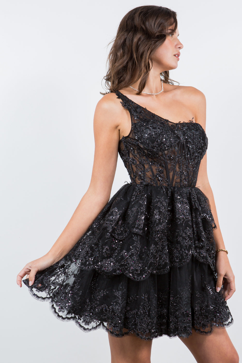 One-Shoulder Glitter Corset Tulle Dress - 5132J