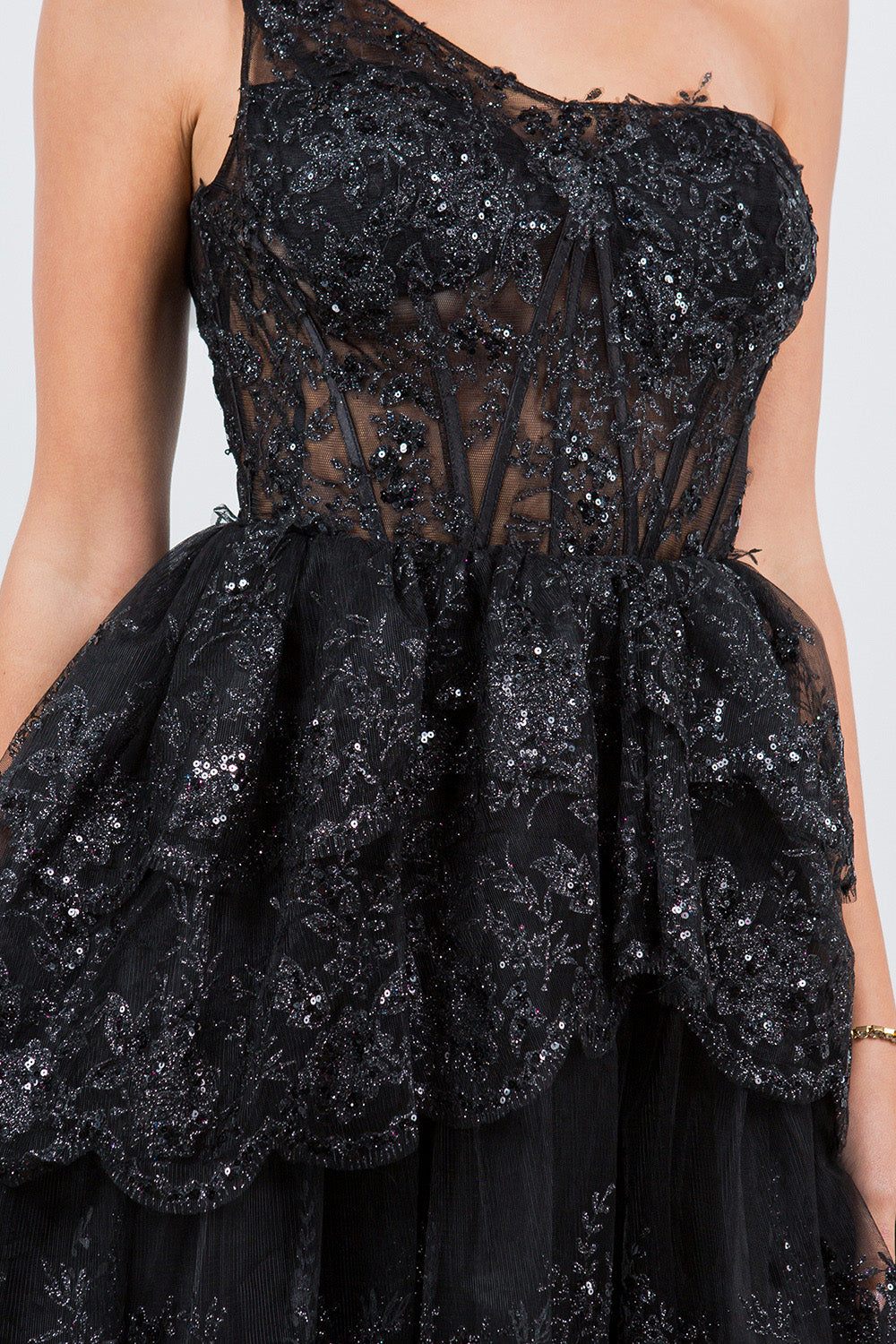 One-Shoulder Glitter Corset Tulle Dress - 5132J