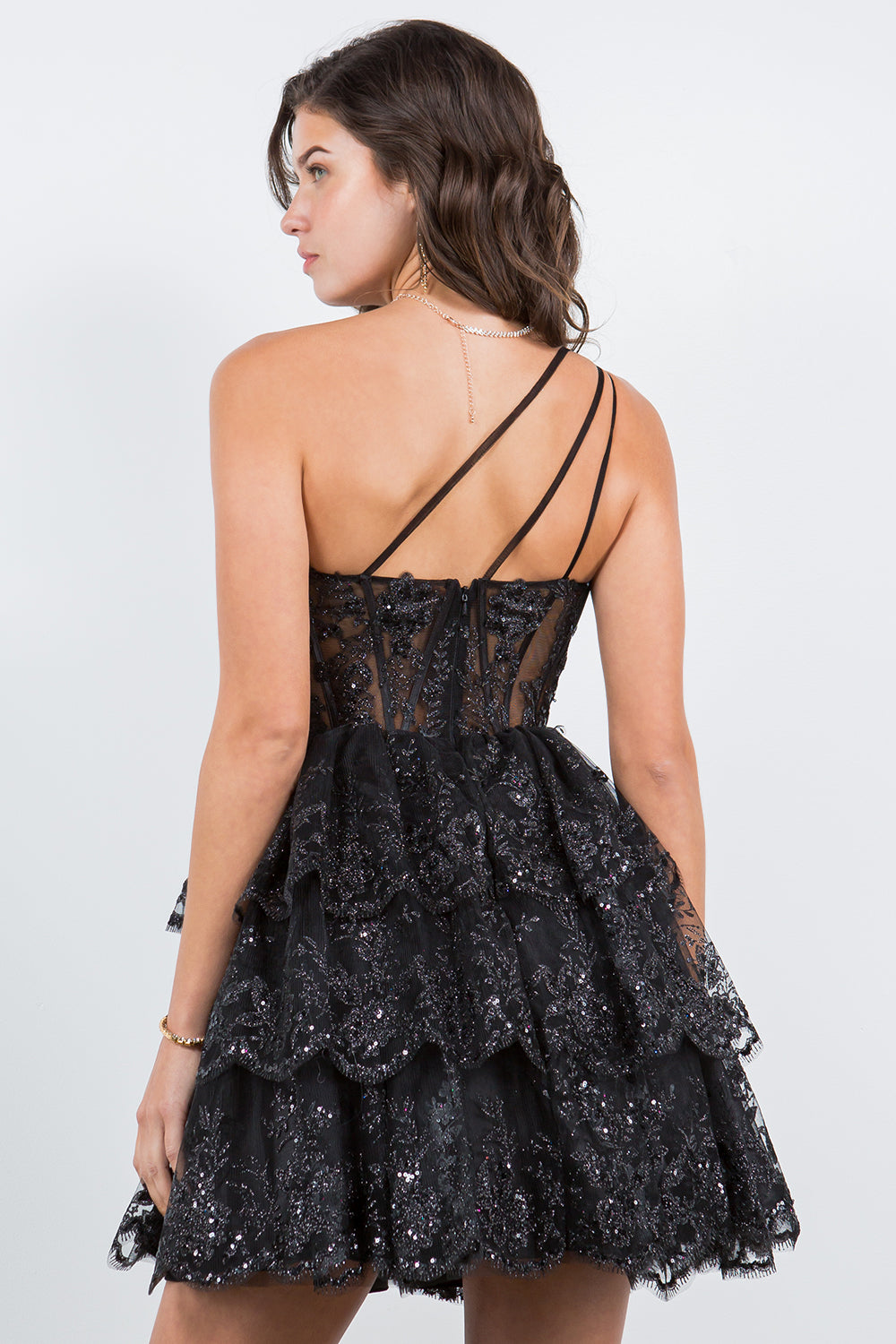 One-Shoulder Glitter Corset Tulle Dress - 5132J