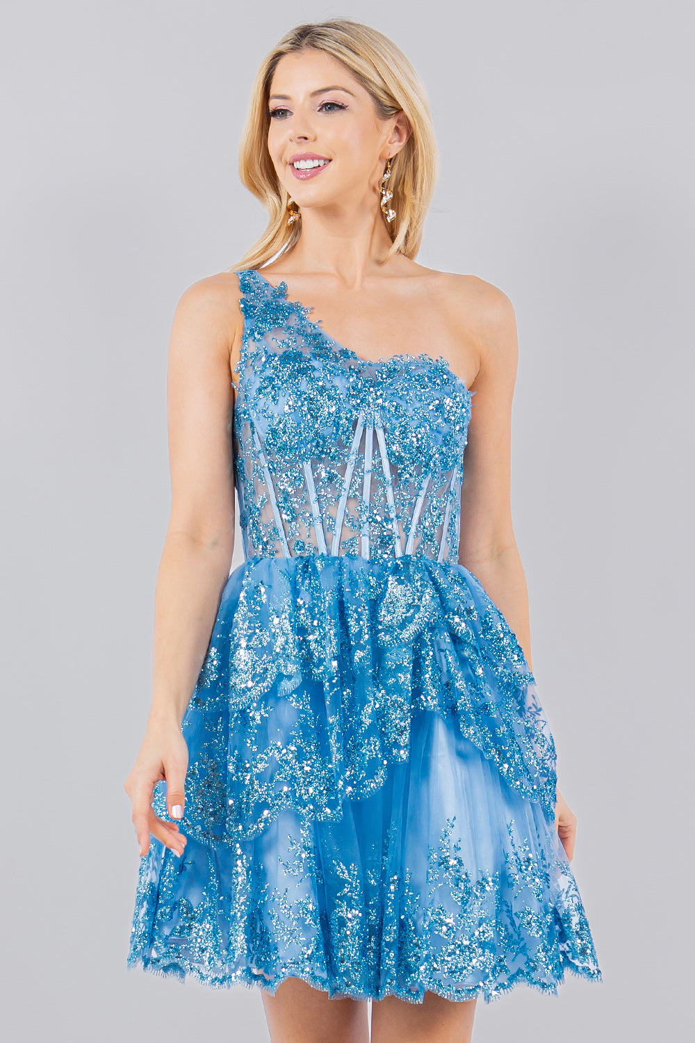 One-Shoulder Glitter Corset Tulle Dress - 5132J