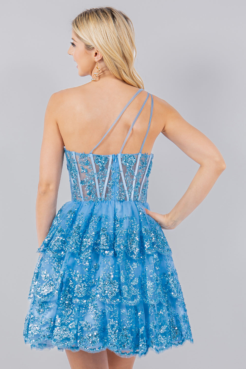 One-Shoulder Glitter Corset Tulle Dress - 5132J