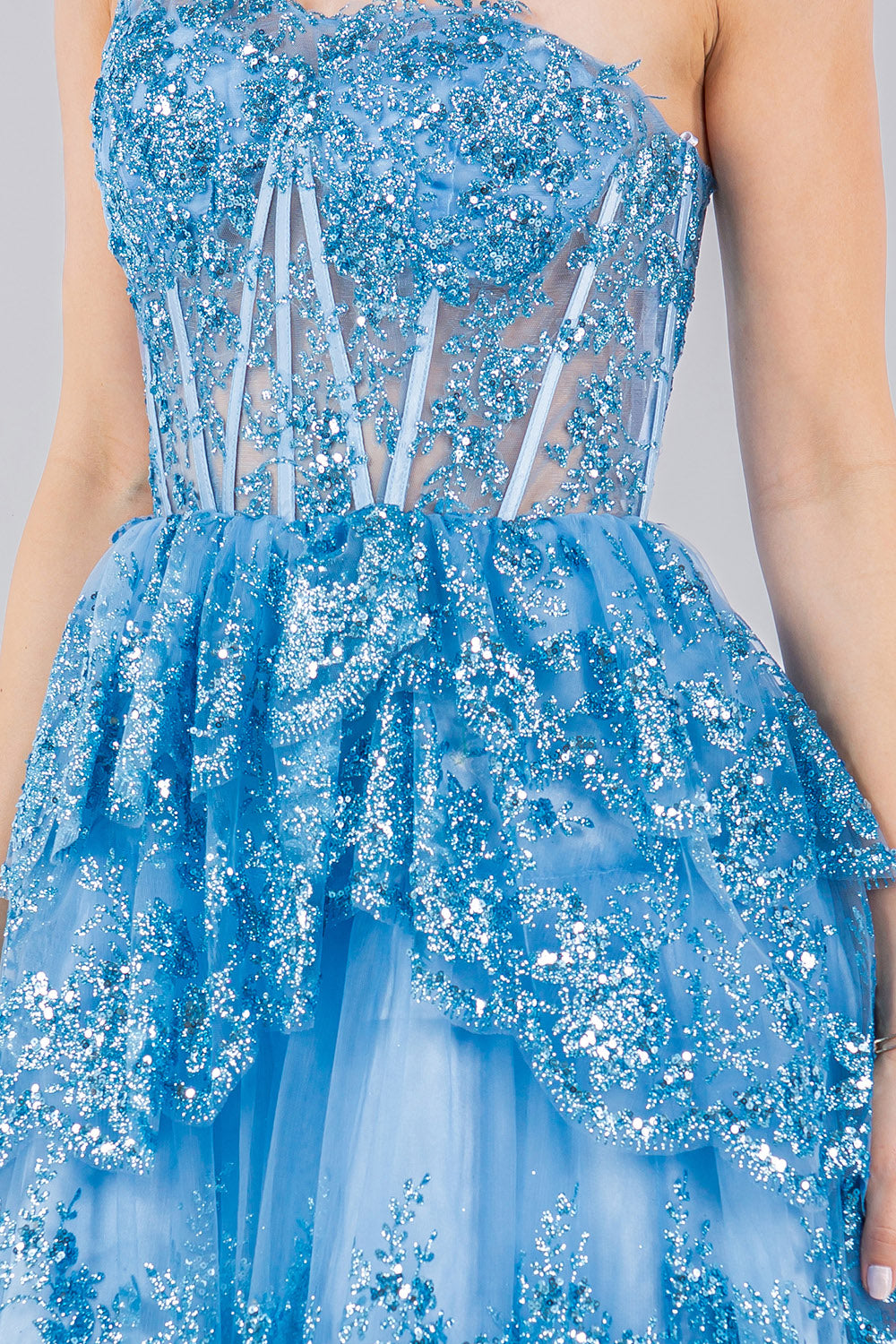 One-Shoulder Glitter Corset Tulle Dress - 5132J