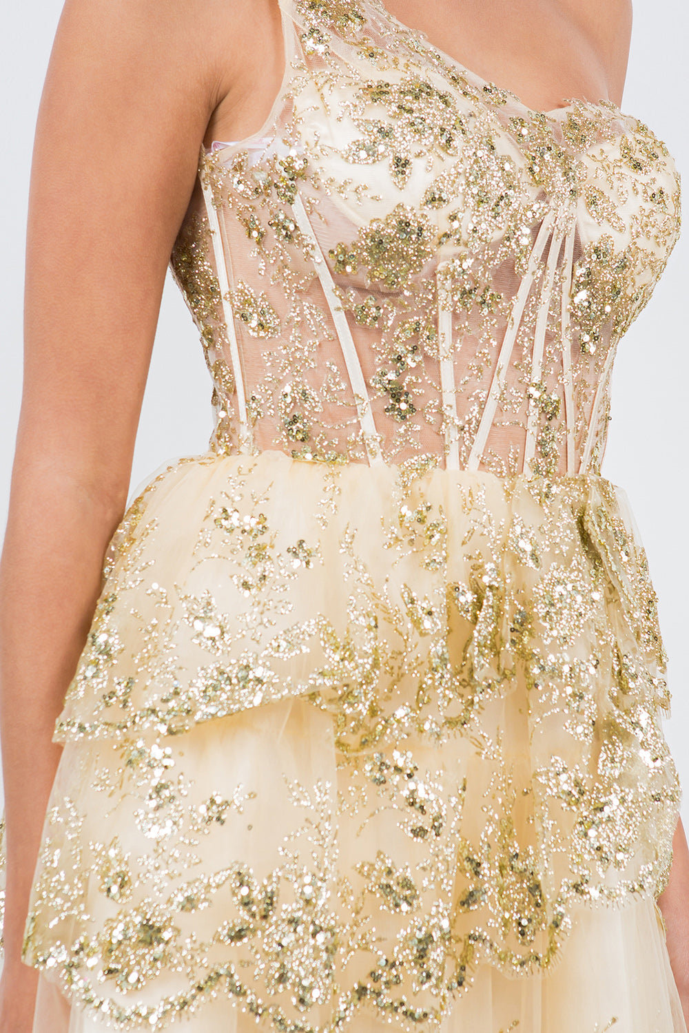 One-Shoulder Glitter Corset Tulle Dress - 5132J