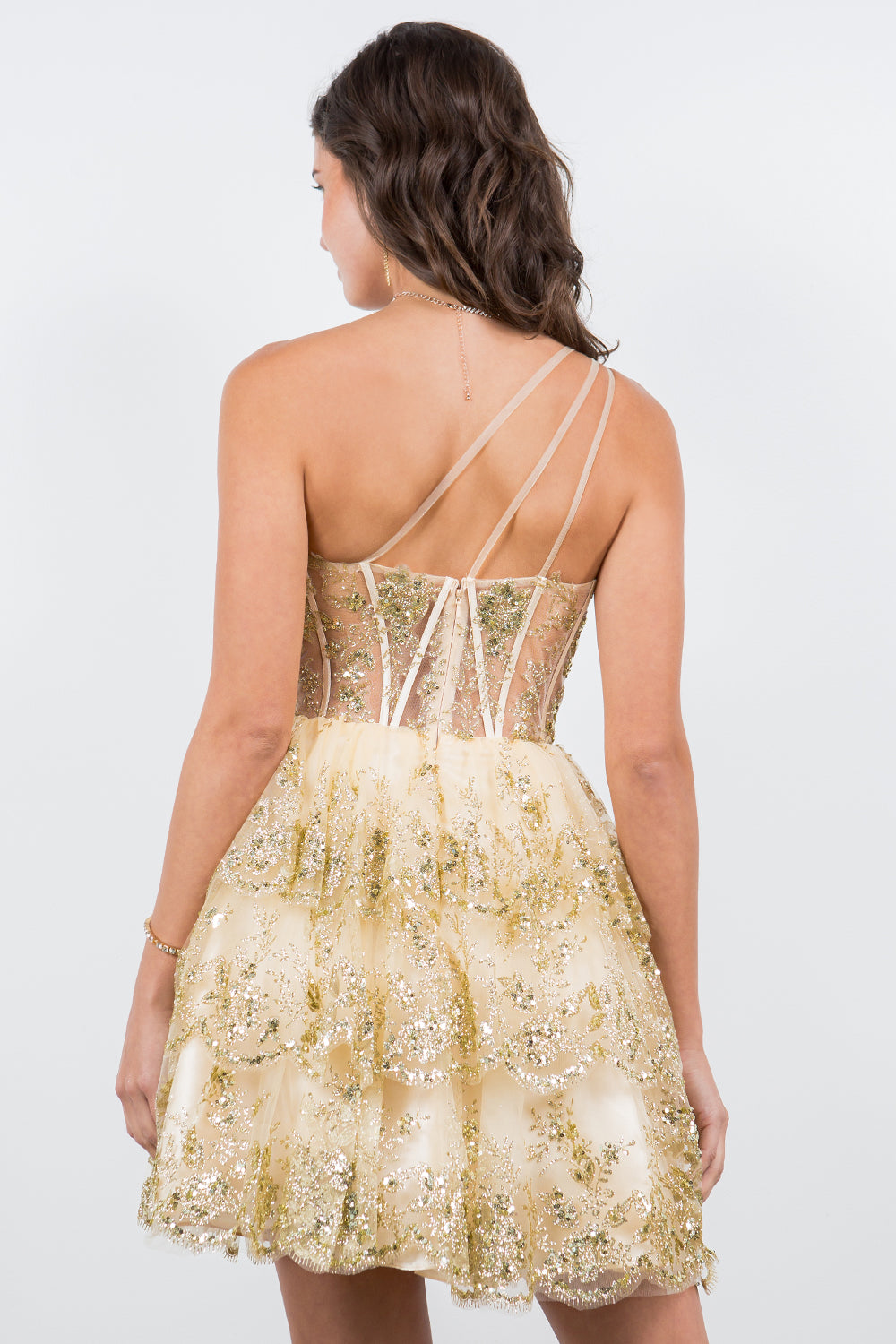 One-Shoulder Glitter Corset Tulle Dress - 5132J