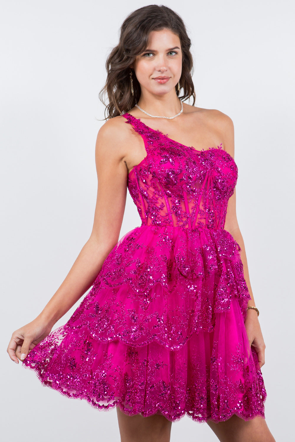 One-Shoulder Glitter Corset Tulle Dress - 5132J