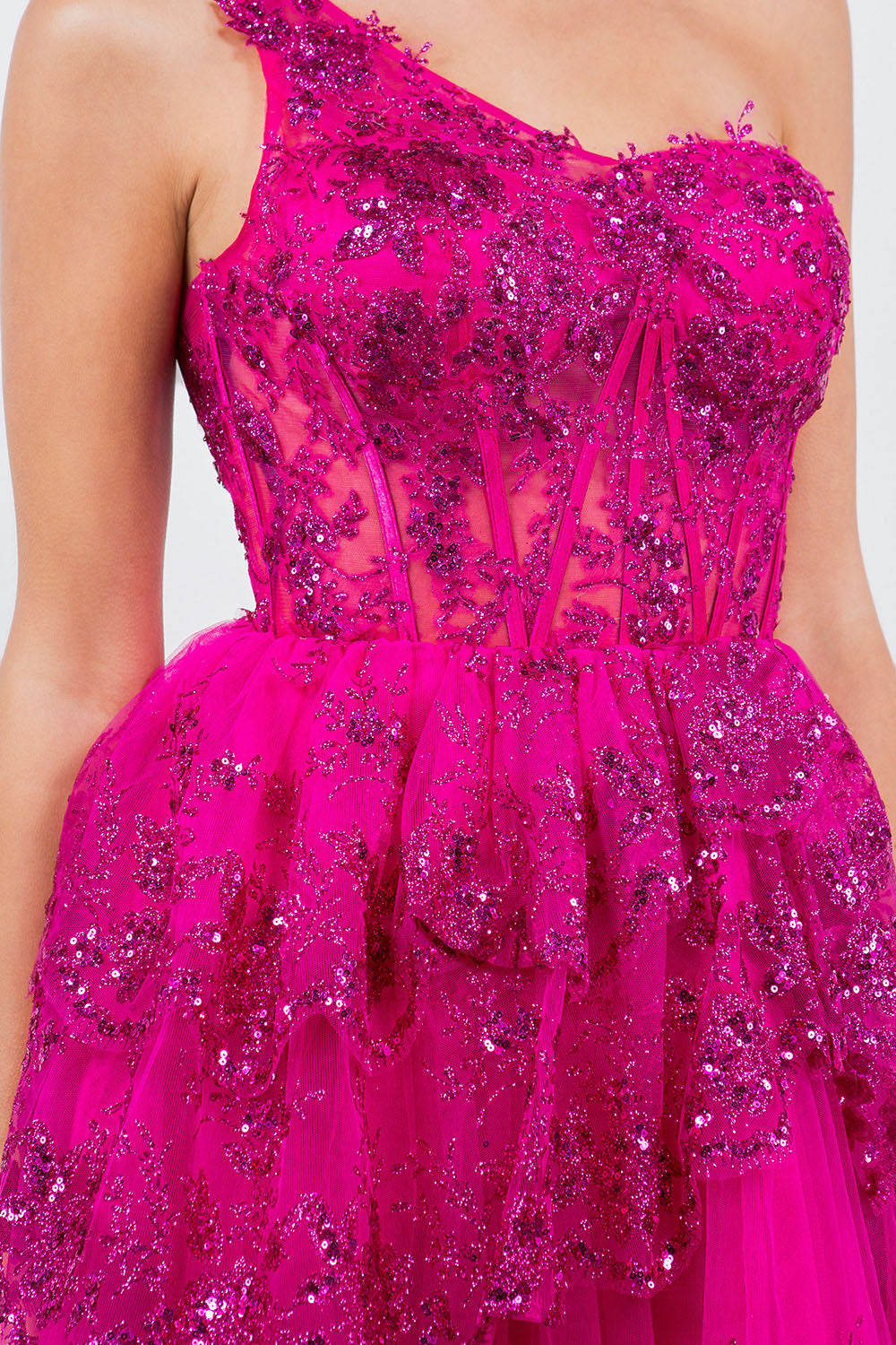One-Shoulder Glitter Corset Tulle Dress - 5132J
