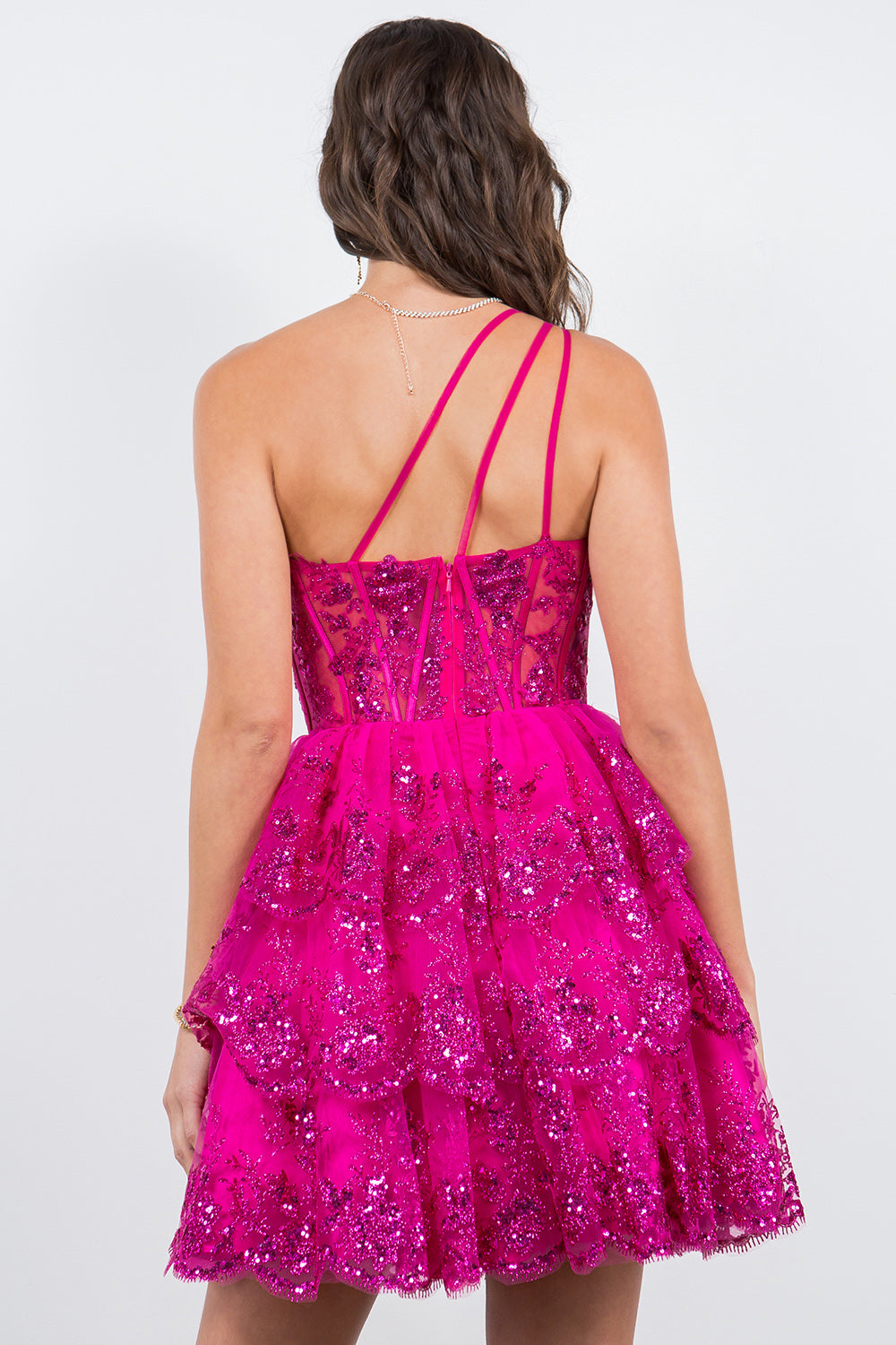 One-Shoulder Glitter Corset Tulle Dress - 5132J