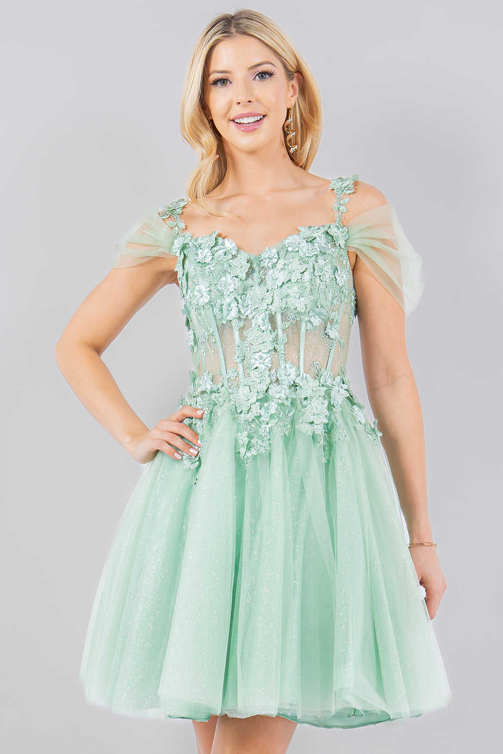 3D Floral Appliqué Corset Mini Dress - 5134J