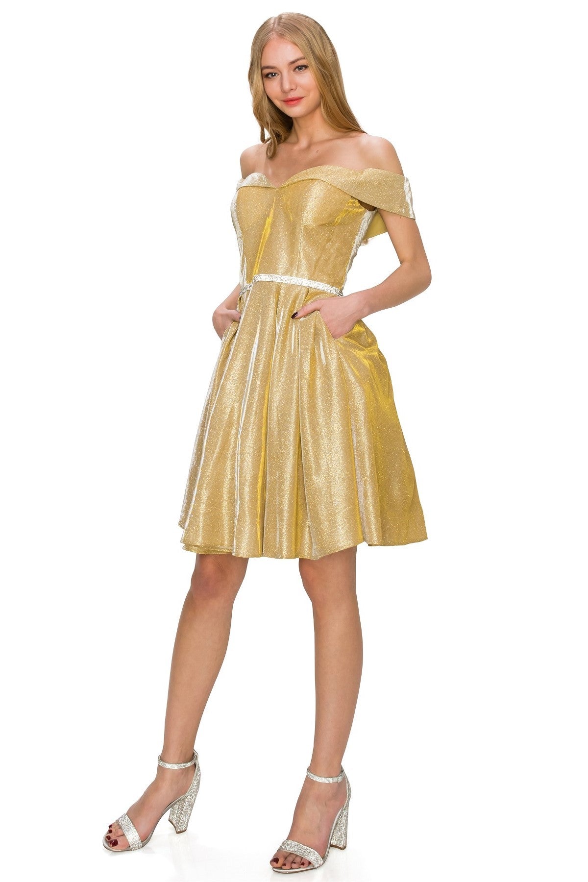 Off-Shoulder Glitter A-Line Cocktail Dress with Pockets - 8012J