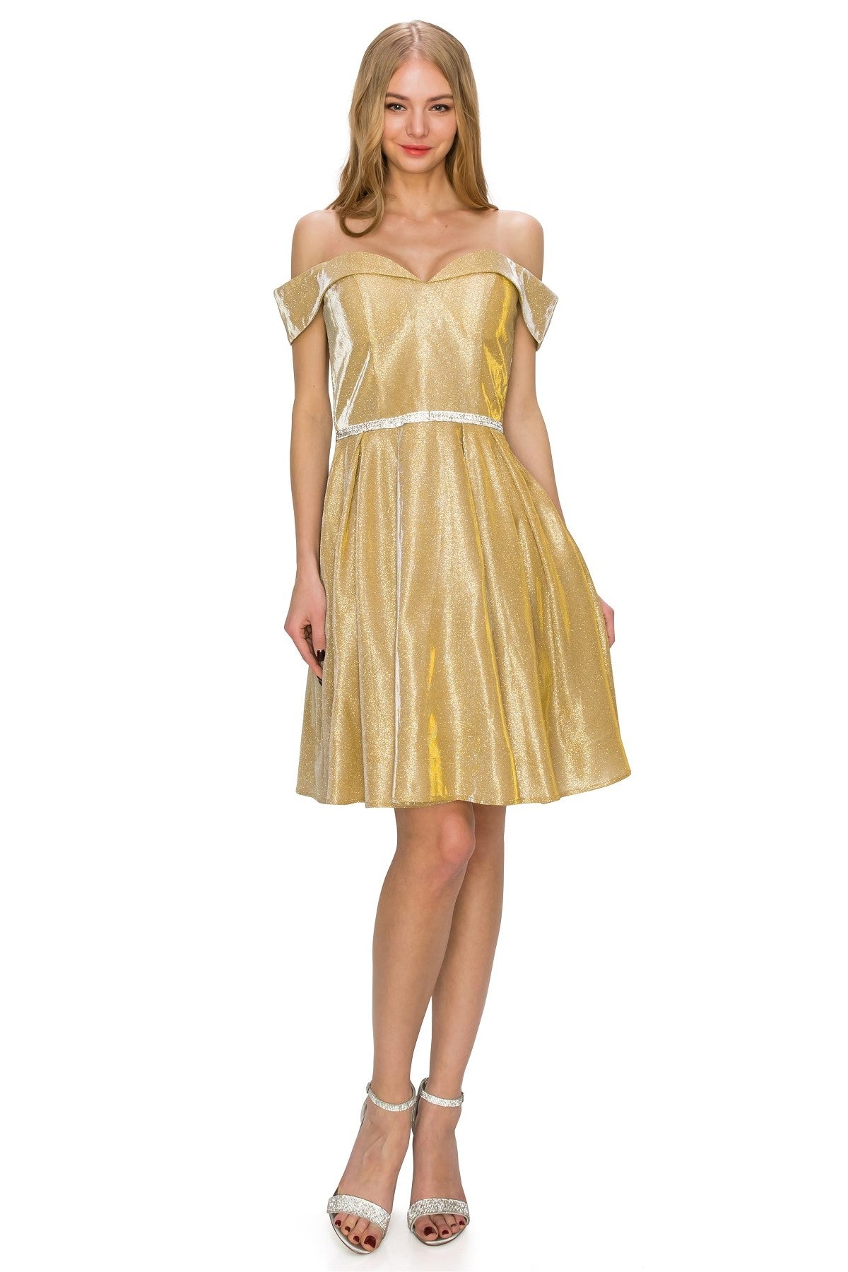 Off-Shoulder Glitter A-Line Cocktail Dress with Pockets - 8012J