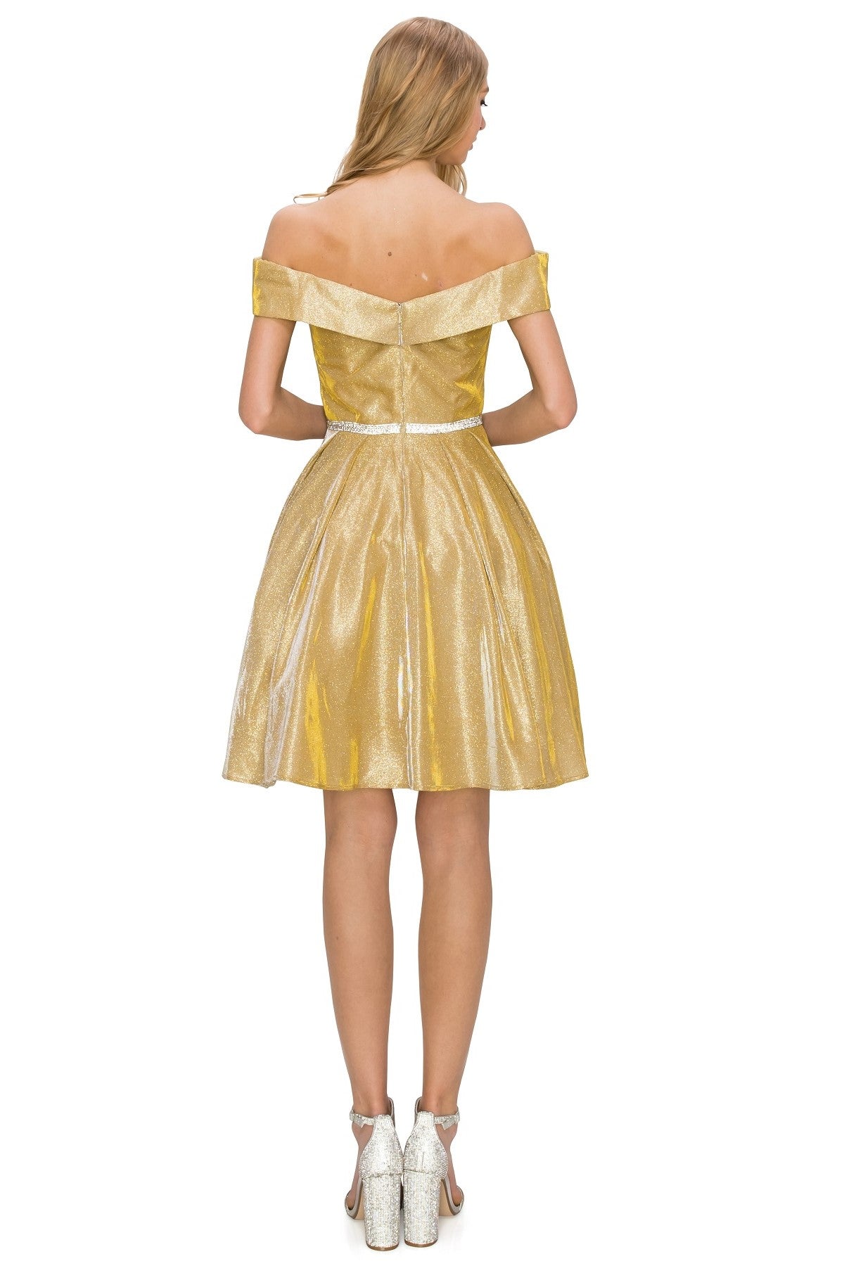 Off-Shoulder Glitter A-Line Cocktail Dress with Pockets - 8012J