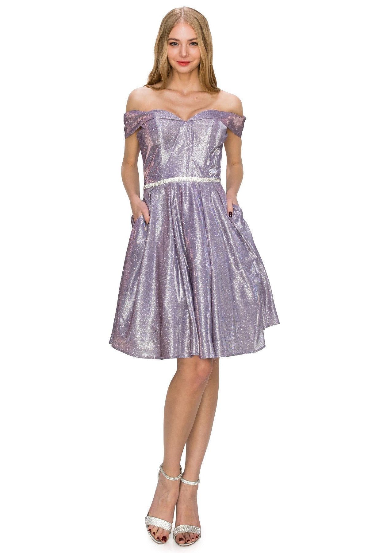 Off-Shoulder Glitter A-Line Cocktail Dress with Pockets - 8012J