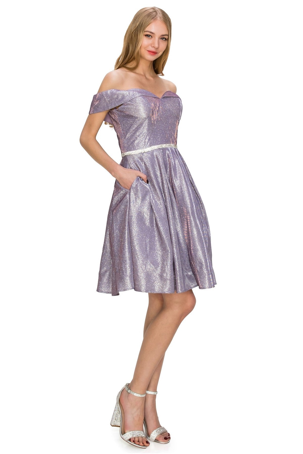 Off-Shoulder Glitter A-Line Cocktail Dress with Pockets - 8012J